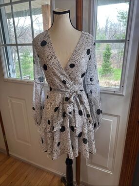 Saints + Secrets Polka Dot Ruffle Mini Dress - White/Black